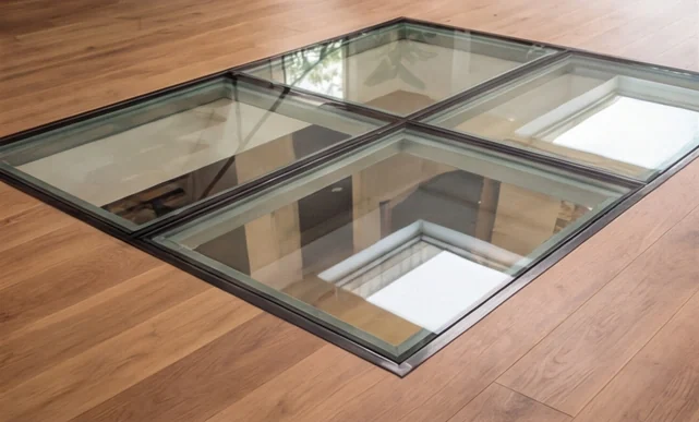 Plancher de verre sur châssis métallique dans un parquet