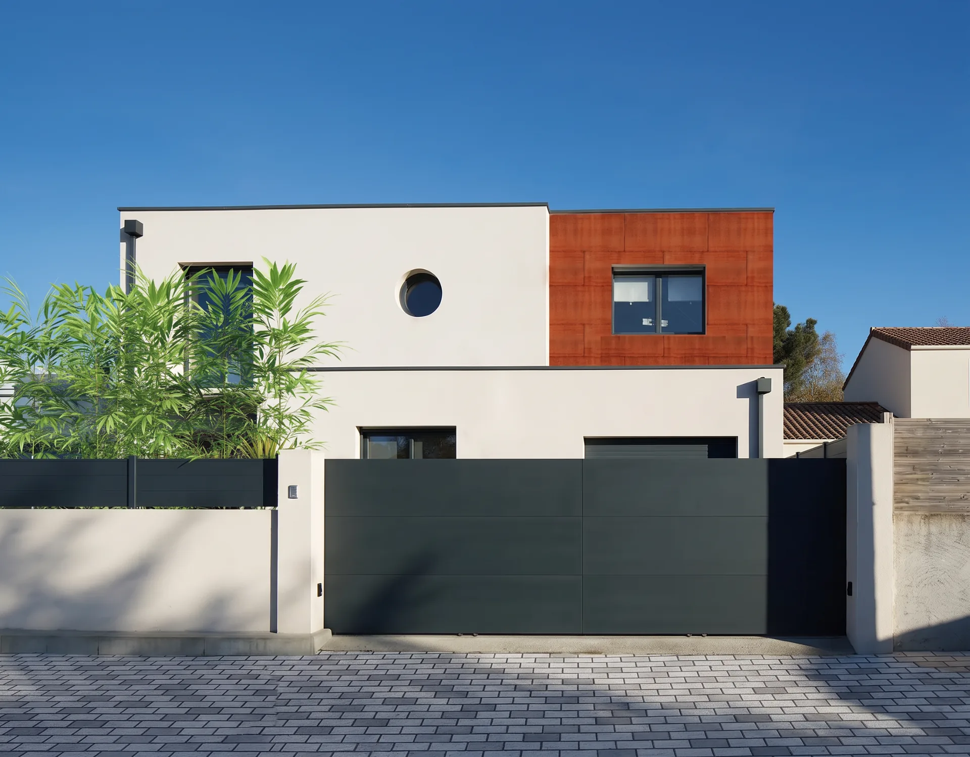 Portail aluminium plein anthracite devant une maison contemporaine